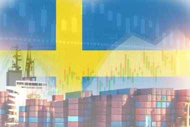 Sweden flag with containers in ship. trade graph concept illustrate poster design.