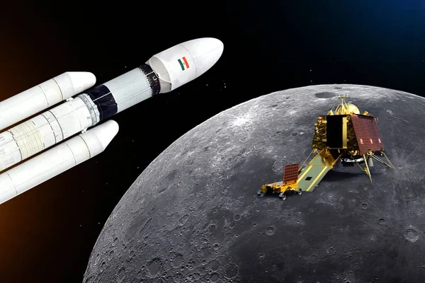 Chandrayaan 3 with their lander and Rover on moon background. elements of this image furnished by NASA and ISRO. illustration image.