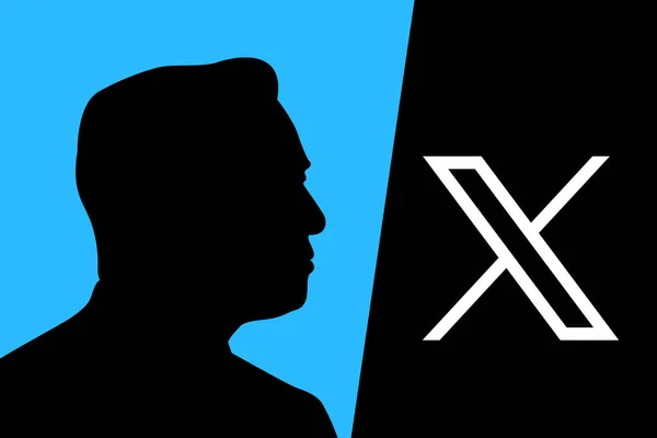 Twitter X logo illüstrasyon tasarımlı Elon misk silueti.