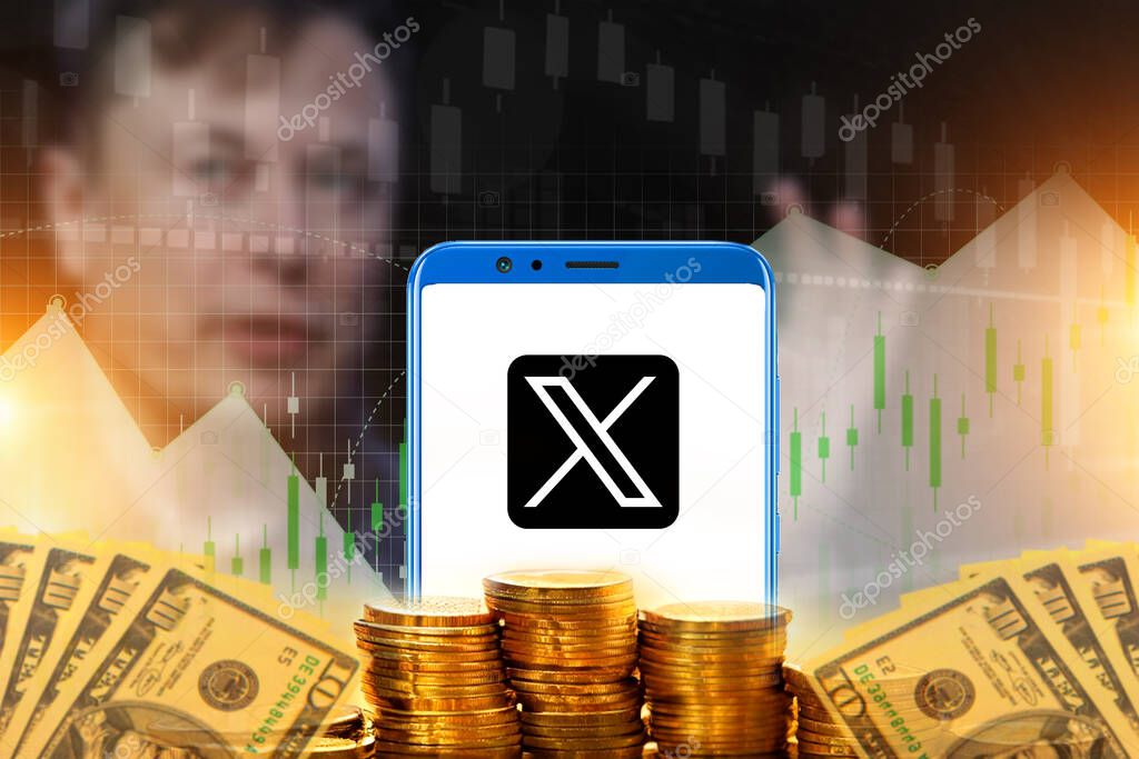 Twitter X logo on mobile and gold coin with money trade concept illustration poster design,