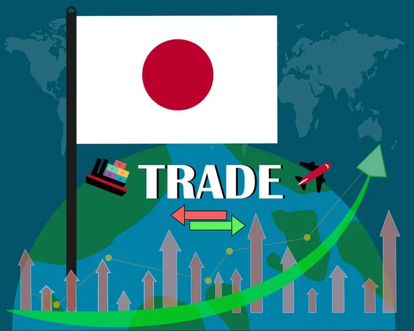 世界の賢明な貿易コンセプト ベクター デザインと共存する日本国旗 ダークブルーの背景に隔離された — ストックベクタ