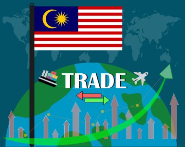 Malezya bayrağı dünya bilge ticaret konsepti vektör tasarımı ile ayakta duruyor. koyu mavi arkaplanda izole