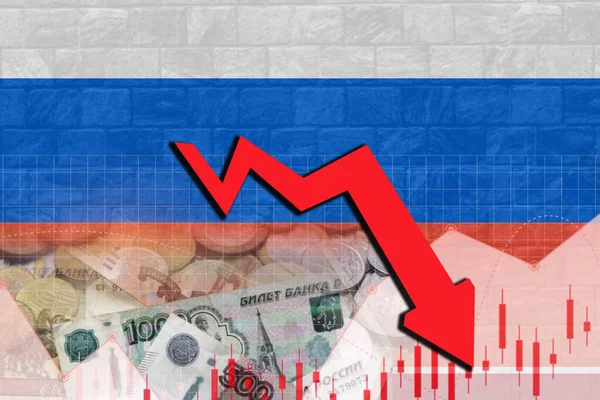 Russia flag in wall texture with Russia rubles decrease graph illustration poster design.