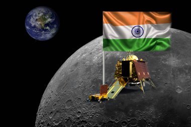  Chandrayaan 3 ve iniş aracı Hindistan bayrağıyla Ay 'a başarıyla indi. NASA ve ISRO tarafından desteklenen bu görüntünün ögeleri.