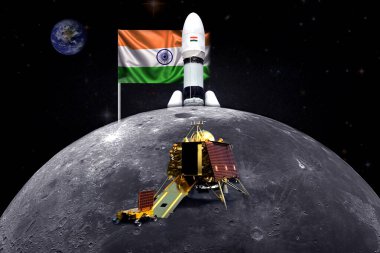 Chandrayaan 3 ve iniş aracı Hindistan bayrağıyla Ay 'a başarıyla indi. NASA ve ISRO tarafından desteklenen bu görüntünün ögeleri