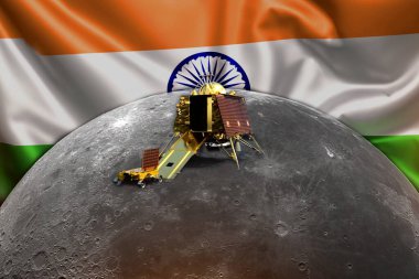 CHENNAI, INDIA, 19 AĞUSTOS 2023: Chandrayaan 3 ve onların iniş aracı arka plan Hindistan bayrağıyla Ay 'a başarıyla indi. NASA ve ISRO tarafından desteklenen bu görüntünün ögeleri.