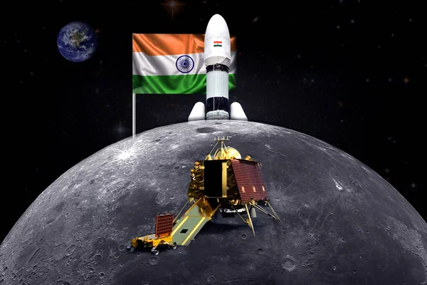 Chandrayaan 3 ve iniş aracı Hindistan bayrağıyla Ay 'a başarıyla indi. NASA ve ISRO tarafından desteklenen bu görüntünün ögeleri