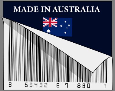 Avustralya metni ve ülke bayrağı tabelasında yarım yamalak barkod tasarımı yapılmış. Gri arkaplanda izole.