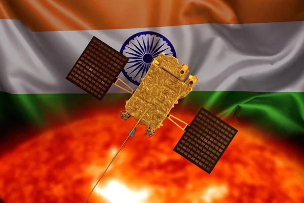 stock image Aditya l1 on sun with background India flag illustration design. elements of this image furnished-by NASA and ISRO