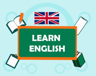 İngilizce metni öğrenme sembolleri ve Birleşik Krallık bayrak tasarımı ile öğrenin. vektör-eps10.