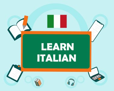 İtalyanca metni öğrenme sembolleri ve İtalya bayrak tasarımı ile öğren. vektör-eps10.