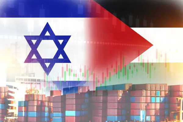 Israel and Palestine flag with containers in ship. trade graph concept illustrate poster design