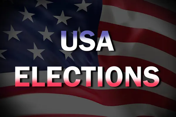 stock image USA Elections text with their waved flag on low opacity and dark background.