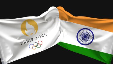  Paris Olimpiyatları, Hindistan bayrağı sallayarak bayrak salladı. koyu arkaplanda izole .