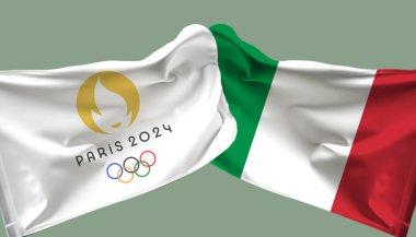 Paris Olimpiyatları, İtalya bayrağı sallayarak bayrak salladı. canlı arkaplanda izole.