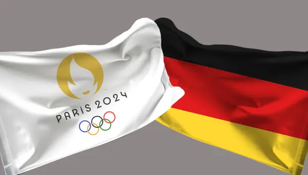 Stock image Paris Olympics waved flag with Germany waved flag. isolated on gray background.