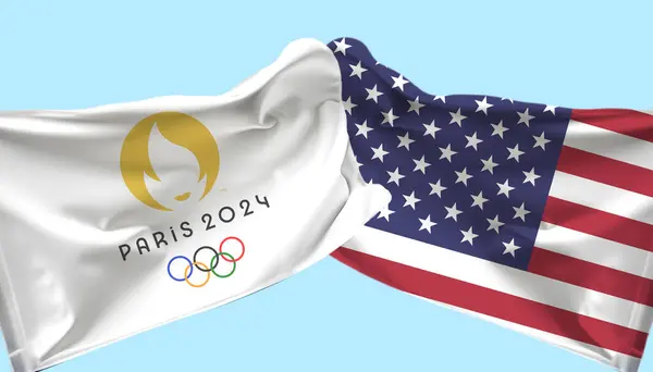 stock image  Paris Olympics waved flag with United states waved flag. isolated on lite background.