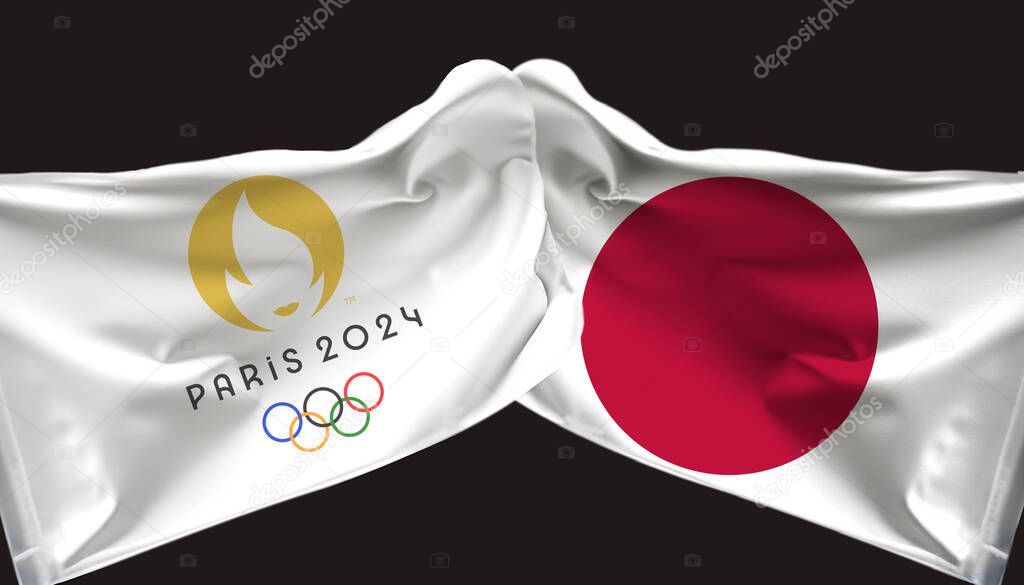 Paris Olympics waved flag with Japan waved flag. isolated on dark background.