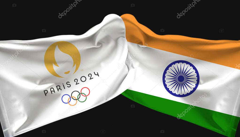 Paris Olympics waved flag with India waved flag. isolated on dark background .