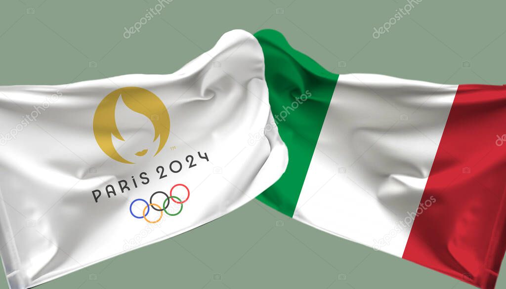Paris Olympics waved flag with Italy waved flag. isolated on lite background.