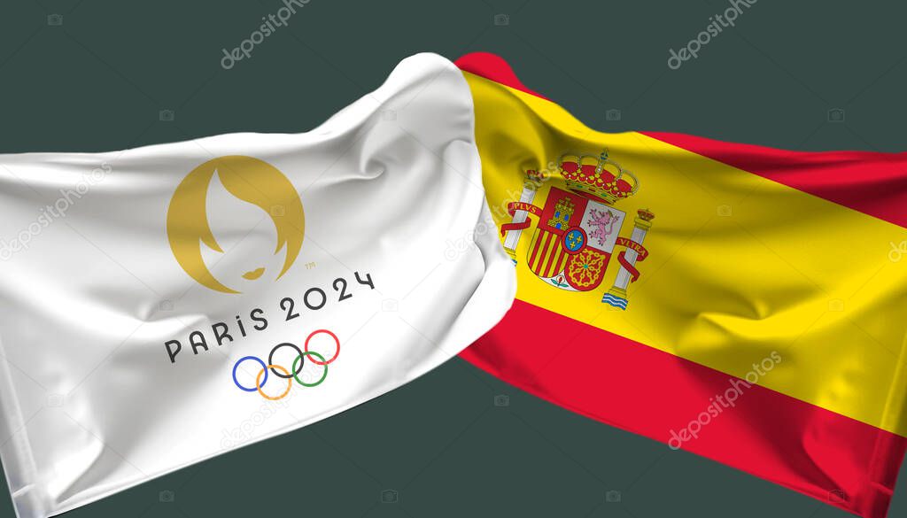 Paris Olympics waved flag with Spain waved flag. isolated on dark background.