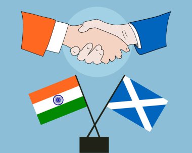 Hands shaken together with India and Scotland flags crossed sign design. Concept of two countries friendship clipart