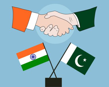 Hindistan ve Pakistan bayrakları ile el sıkıştı. İki ülke arasındaki dostluk kavramı.