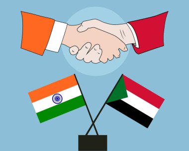 Hindistan ve Sudan bayrakları ile el sıkıştı. İki ülke arasındaki dostluk kavramı.