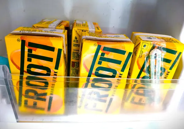 stock image Set of Frooti cool drinks in local store fridge. 