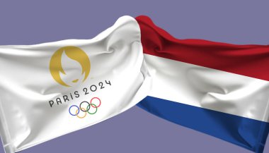  Paris Olimpiyatları bayrağını Hollanda bayrağıyla salladı. canlı arkaplanda izole.