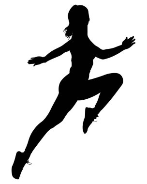 Havada bir kadının dinamik vektör silueti. Güçlü bir koşu pozu yakalamış. Şeffaf arkaplanda izole.