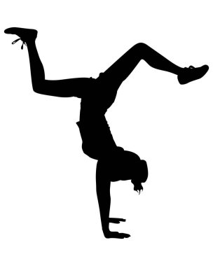 Bir kadının dinamik silueti ters takla atıyor, atletizm ve zarafet sergiliyor. Şeffaf arka plan. eps10.