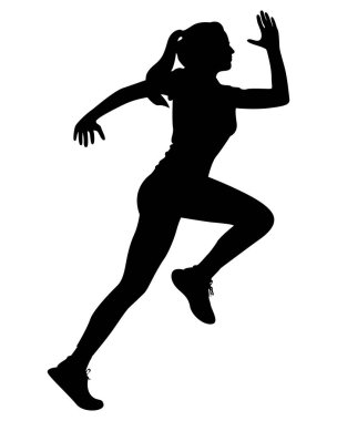 Koşu pozisyonunda bir bayan atletin vektör stili silueti. Bu figür, hız ve çevikliğin özünü yakalayan adımların ortasında resmedilmiş. Şeffaf arka plan. eps10. 