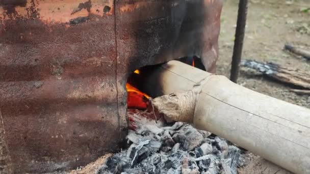 薪は何かを調理するために燃やされており そのうちの1つはストーブでご飯を調理するときに見られる — ストック動画