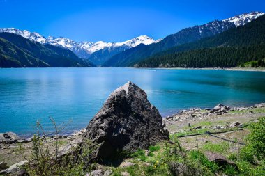 Tianchi Gölü 'nün Tianshan Dağları' ndaki güzel manzarası, Xinjiang, uzakta karla kaplı dağlar, ve önünde büyük ve yeşil Tianhu Gölü, gölde seyahat gemileri, güzel patikalarda oyalanmayı seven turistler.