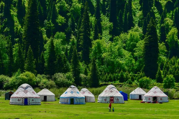 Alguns Yurts Cazaques Bayinbulak Swan Lake Reserve Xinjiang — Fotografia de Stock