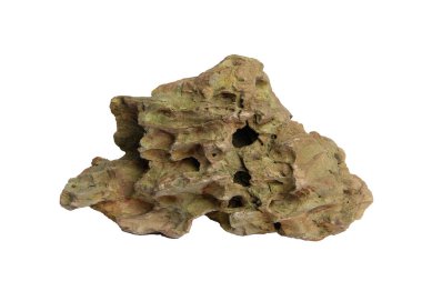Yüksek desenli ejderha taşı (ohko kayası) ve kesme yolu olan beyaz bir arka planda izole edilmiş kendine özgü doğal delikler. Akvaryum, bonsai, teraryum süslemeleri için..