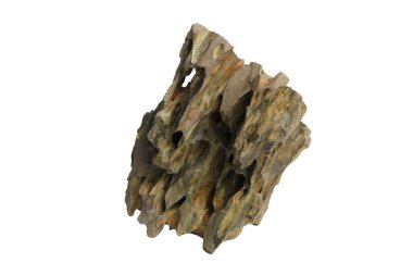 Yıpranmış bir görünüşü ve beyaz bir arka planda izole edilmiş gözenekli dokusu olan kompakt ejderha taşı. İçerilen kırpma yolu