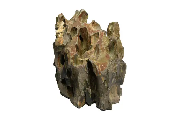 Eşsiz şekilli ejderha taşı. Birden fazla deliği ve yarığı var. Kesme yolu olan beyaz bir arka planda izole edilmiş.