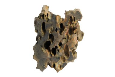 Beyaz arka planda izole edilmiş karmaşık erozyon detayları olan yüksek desenli ejderha taşı. Sert tıraşlama için kırpma yolu dahil