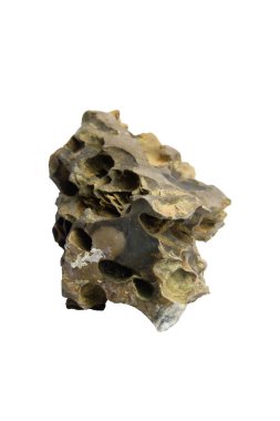 Küçük ejderha taşında doğal delikler ve derin yarıklar var. Kesme yolu olan beyaz bir arka planda izole edilmiş..