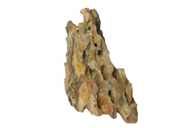 Engebeli bir yüzeyi olan uzun ejderha taşı ve kesme yolu olan beyaz bir arka planda izole edilmiş doğal erozyon desenleri.