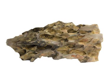 Eşsiz şekilli ejderha taşı, birden fazla çürüğü ve beyaz arka planda izole edilmiş yıpranmış bir dokusu var. İçerilen kırpma yolu