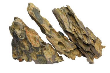 Birden fazla noktalı oluşumları olan ejderha taşı ve beyaz arka planda izole edilmiş gerçekçi bir kayalık. İçerilen kırpma yolu