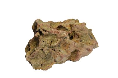 Katmanlı dokuları ve toprak tonlarını içeren kompakt ejderha taşı parçası kesme yolu ile beyaz bir arkaplanda izole edilmiş.