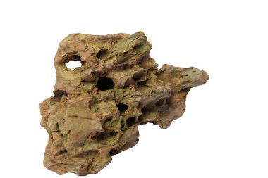 Kesme yolu olan beyaz bir arka planda izole edilmiş doğal delikleri ve oyukları olan desenli ejderha taşı.