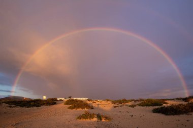 Kum tepelerinin üzerinde gökkuşağı ve bir kum tepesi yolu. Corralejo Ulusal Parkı, Las Palmas Eyaleti, Fuerteventura, Kanarya Adaları, İspanya