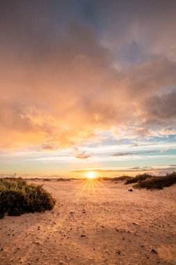 Corralejo 'nun kumullarında gün doğumu. Corralejo Ulusal Parkı üzerinde romantik gündoğumu, Kanarya Adaları, İspanya