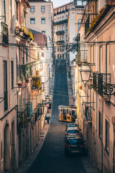 为了克服身高上的差异 电梯是一种有轨电车或电梯 葡萄牙里斯本的老街和建筑物 — 图库照片