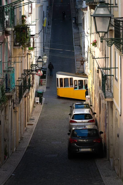 为了克服身高上的差异 电梯是一种有轨电车或电梯 葡萄牙里斯本的老街和建筑物 — 图库照片